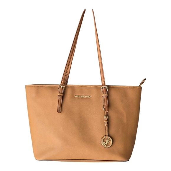 MICHAEL KORS Jet Set Tote Bag  Saffiano Leather Brown Tan 16x10 Large - Picture 1 of 16
